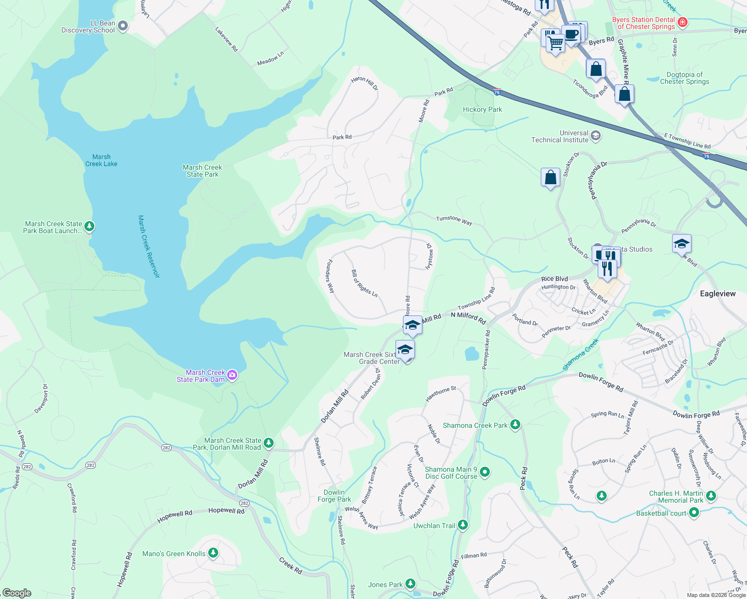 map of restaurants, bars, coffee shops, grocery stores, and more near 107 Bill of Rights Lane in Downingtown