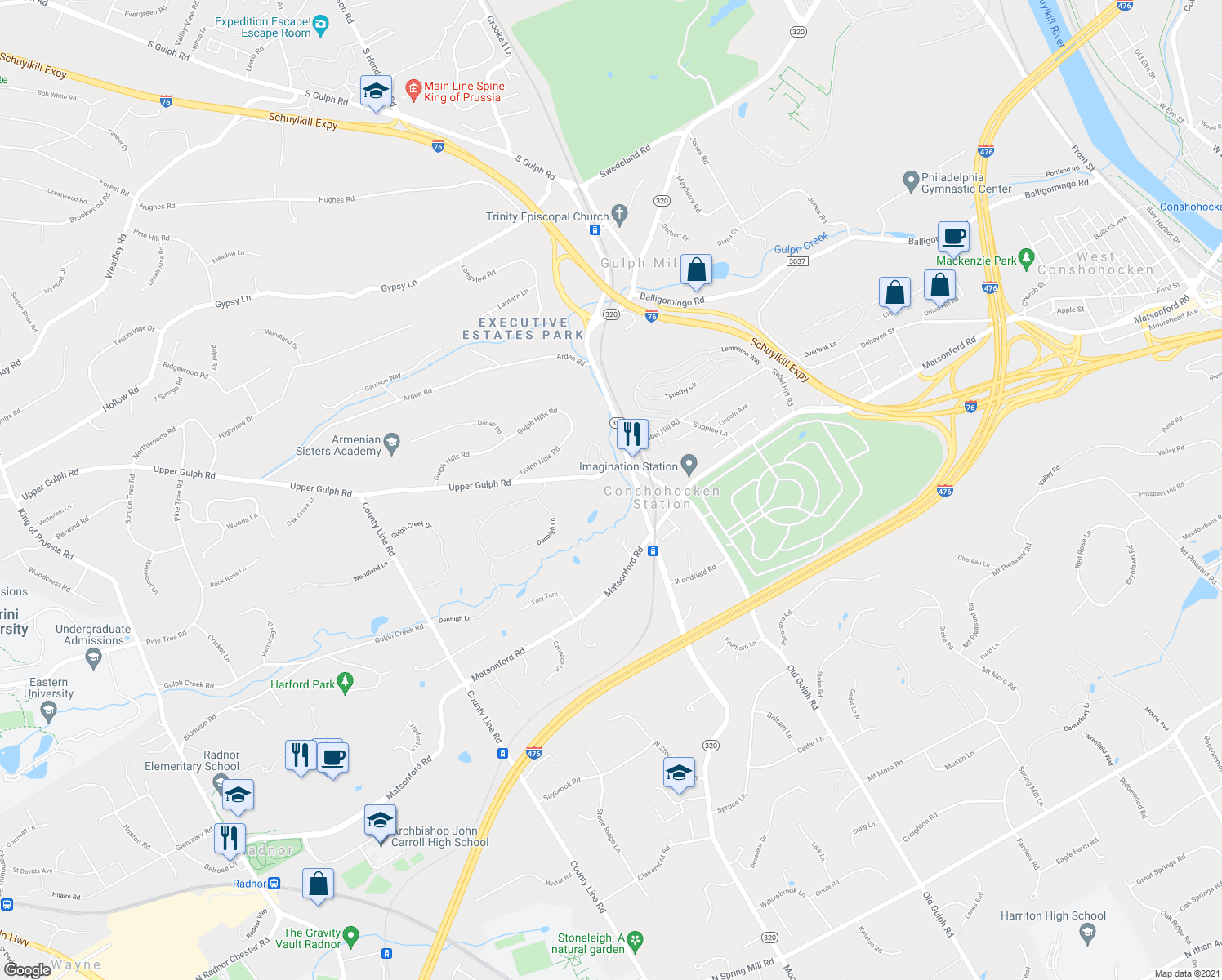 map of restaurants, bars, coffee shops, grocery stores, and more near 119 Upper Gulph Road in Wayne