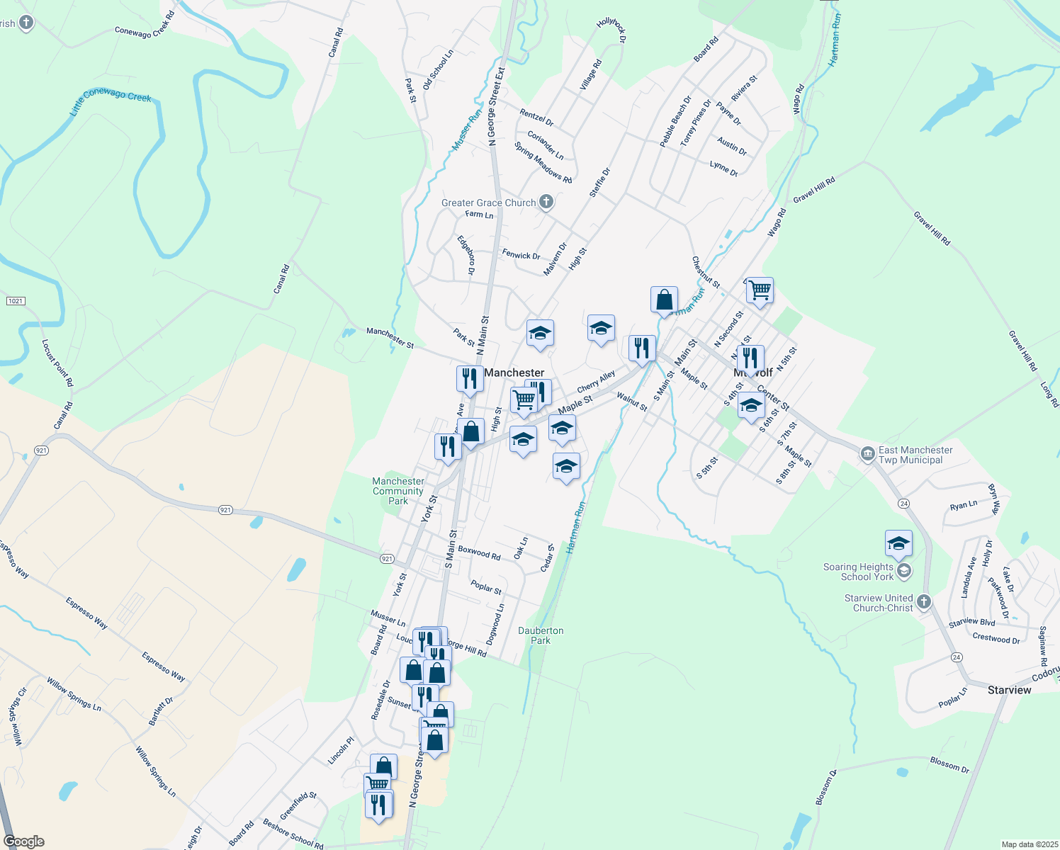 map of restaurants, bars, coffee shops, grocery stores, and more near 147 Maple Street in Manchester