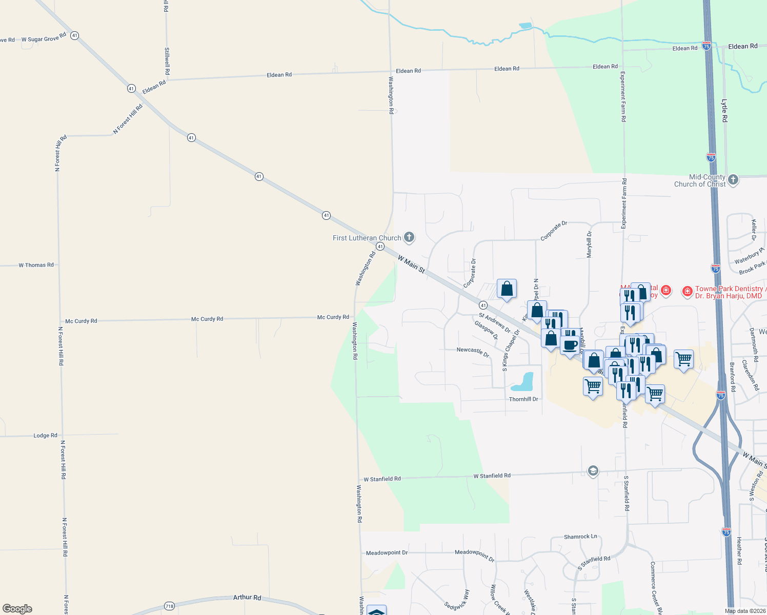 map of restaurants, bars, coffee shops, grocery stores, and more near 1585 Washington Bend Court in Troy