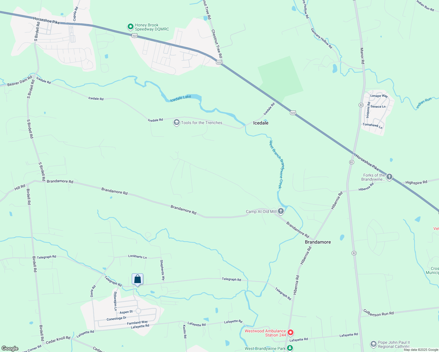 map of restaurants, bars, coffee shops, grocery stores, and more near Barons Hill Road in Honey Brook