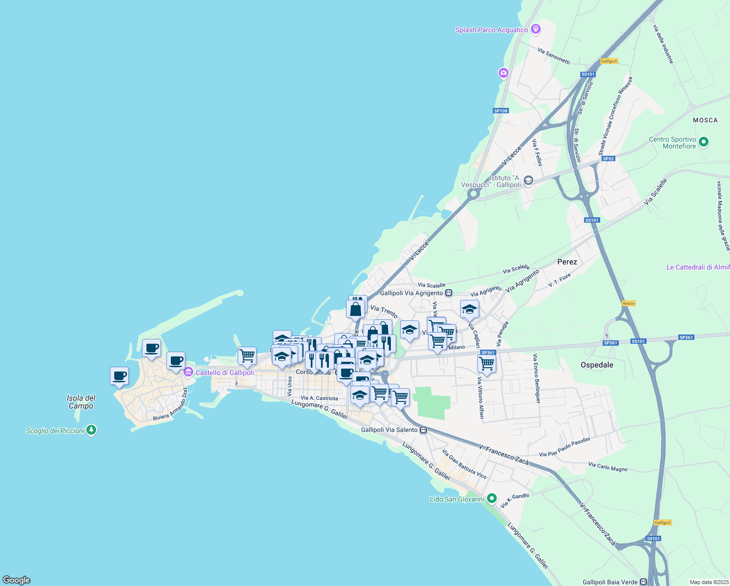 map of restaurants, bars, coffee shops, grocery stores, and more near 16 Via Fiume in Gallipoli