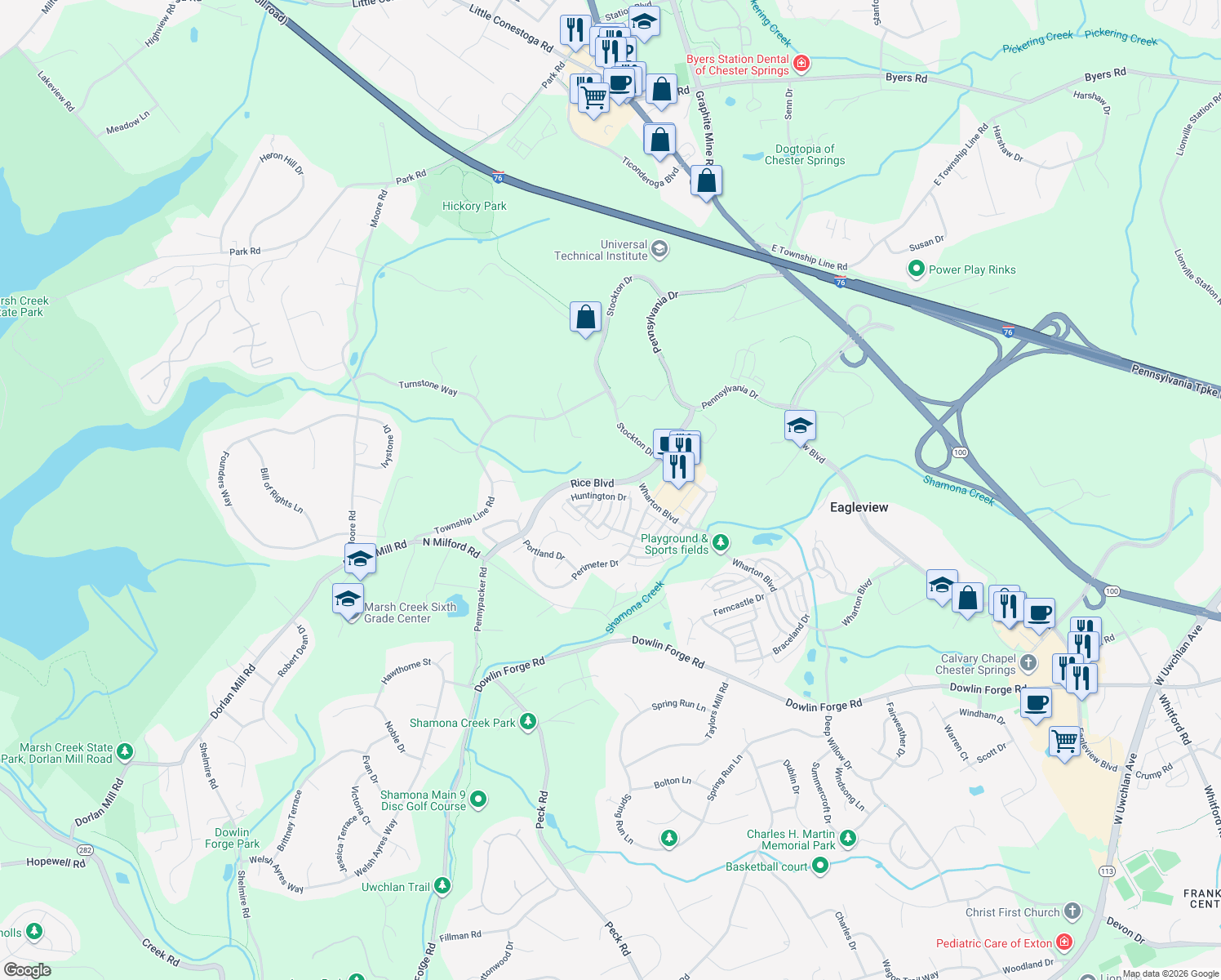 map of restaurants, bars, coffee shops, grocery stores, and more near 615 Huntington Drive in Downingtown