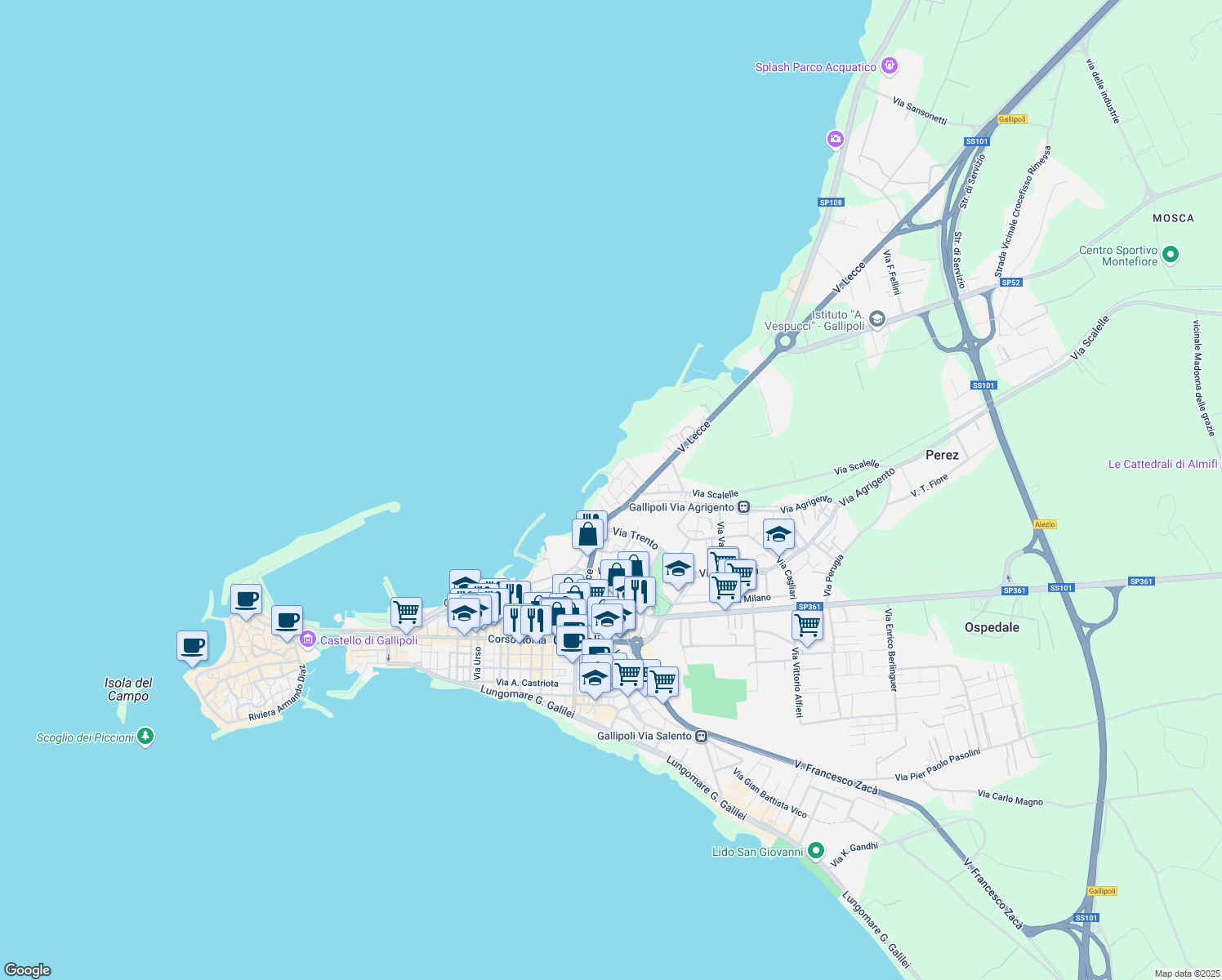 map of restaurants, bars, coffee shops, grocery stores, and more near 16 Via Fiume in Gallipoli