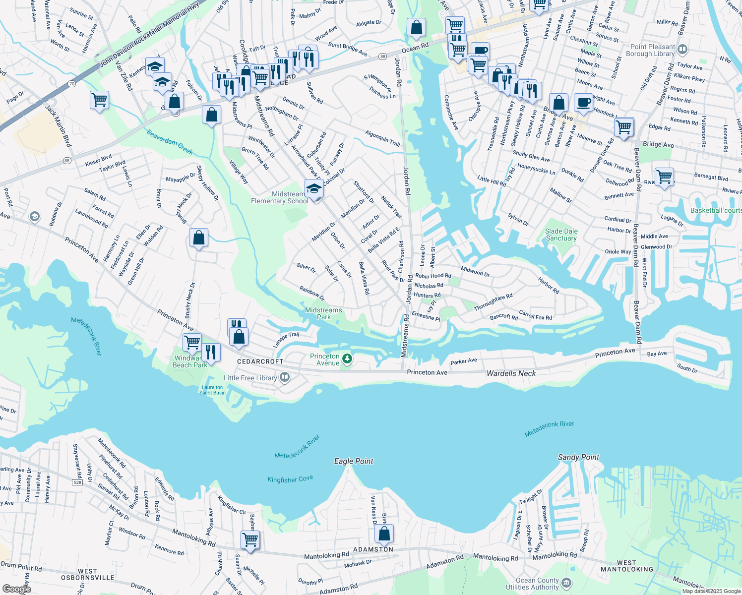 map of restaurants, bars, coffee shops, grocery stores, and more near 443 Sedge Place in Brick
