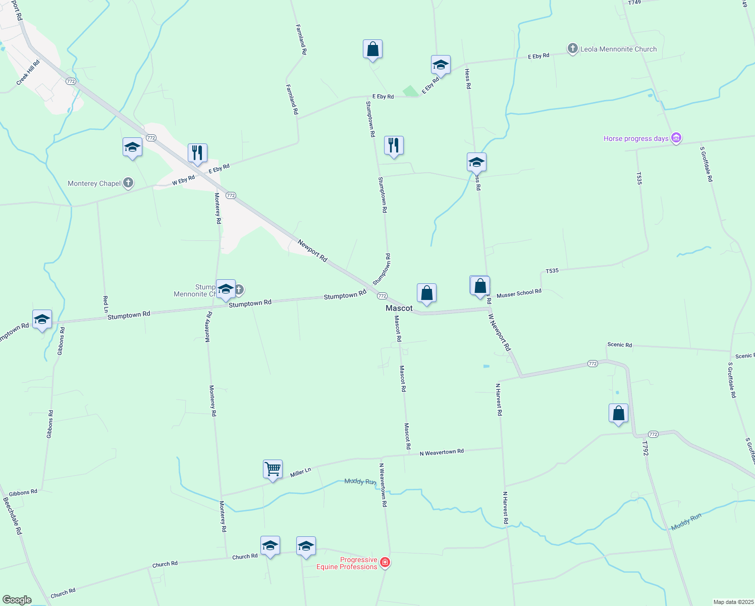 map of restaurants, bars, coffee shops, grocery stores, and more near 2988 West Newport Road in Ronks