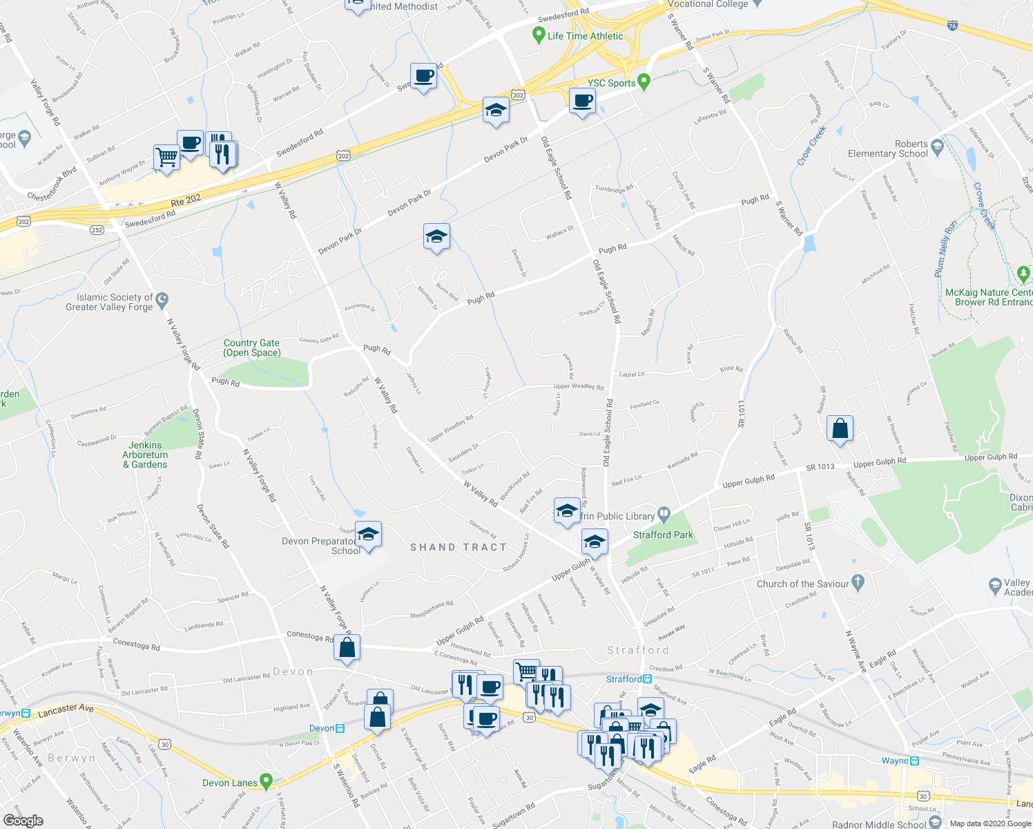 map of restaurants, bars, coffee shops, grocery stores, and more near 540 Willis Lane in Wayne