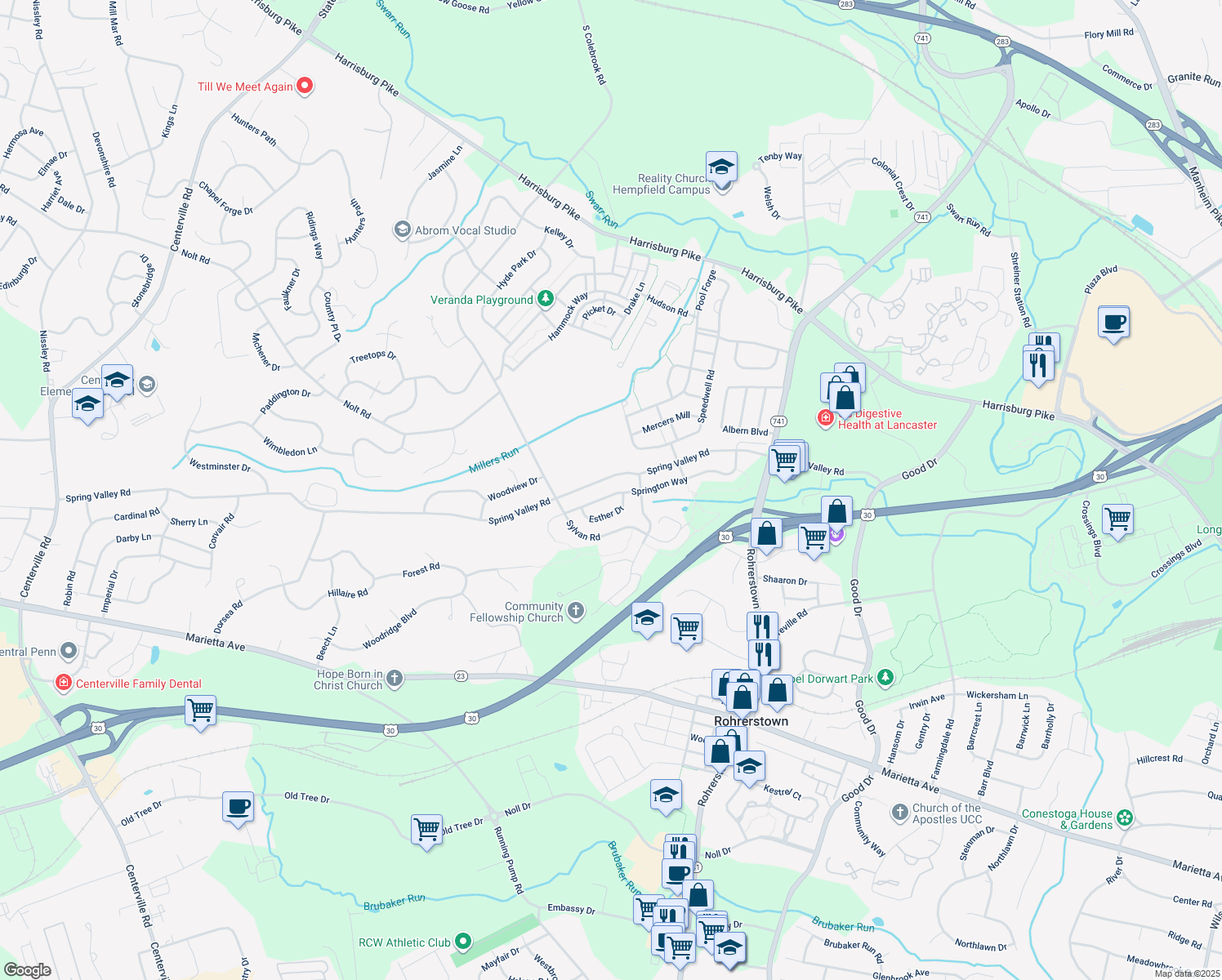 map of restaurants, bars, coffee shops, grocery stores, and more near 521 Springton Way in Lancaster