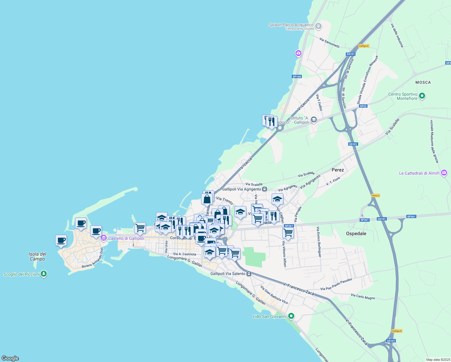 map of restaurants, bars, coffee shops, grocery stores, and more near 23 Via Brescia in Gallipoli