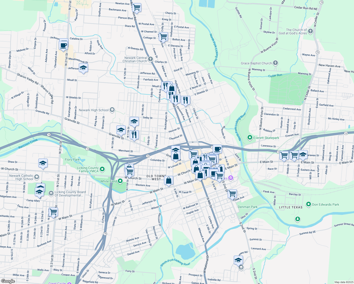 map of restaurants, bars, coffee shops, grocery stores, and more near 84 High St in Newark
