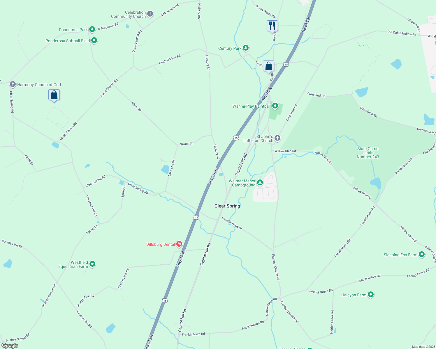map of restaurants, bars, coffee shops, grocery stores, and more near 304 Hickory Rd in Dillsburg