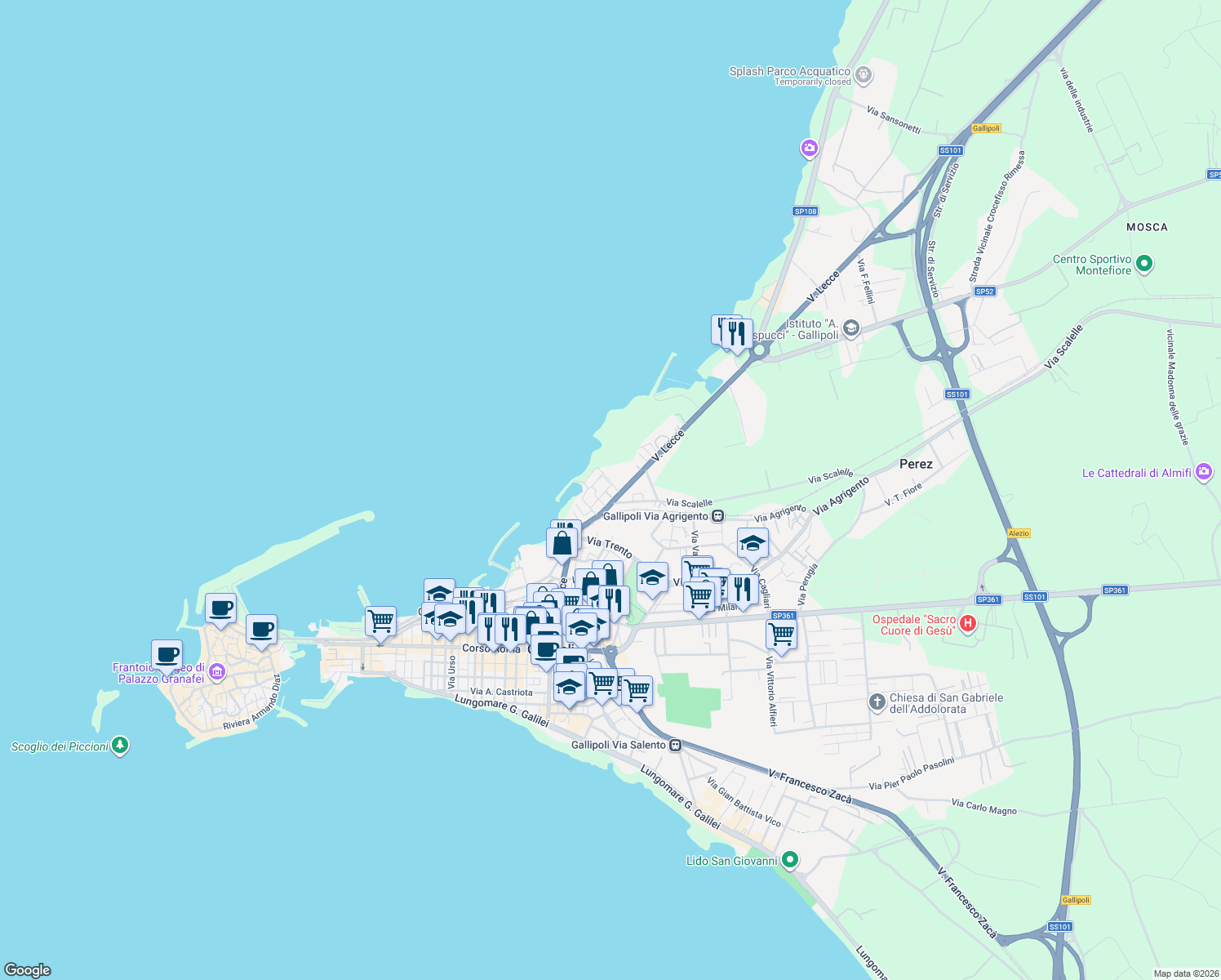 map of restaurants, bars, coffee shops, grocery stores, and more near 23 Via Brescia in Gallipoli