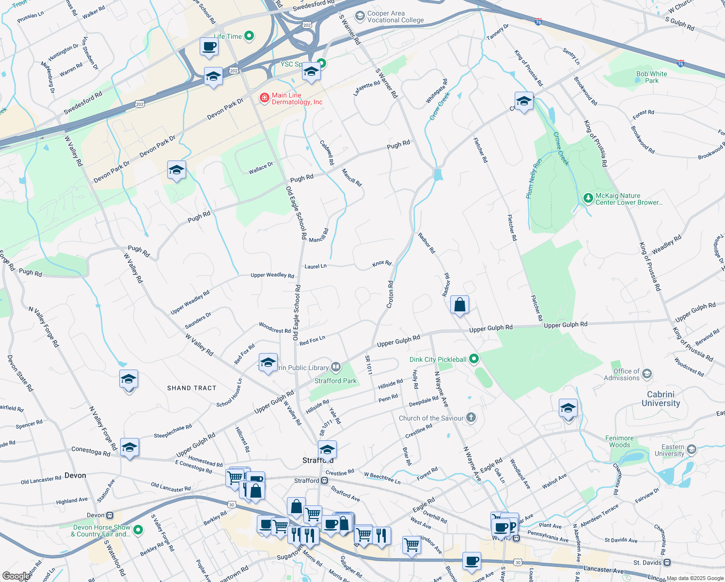 map of restaurants, bars, coffee shops, grocery stores, and more near 468 Maynard Drive in Wayne