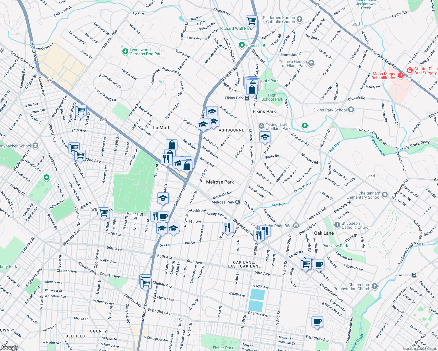 map of restaurants, bars, coffee shops, grocery stores, and more near 7408 Sharpless Road in Melrose Park