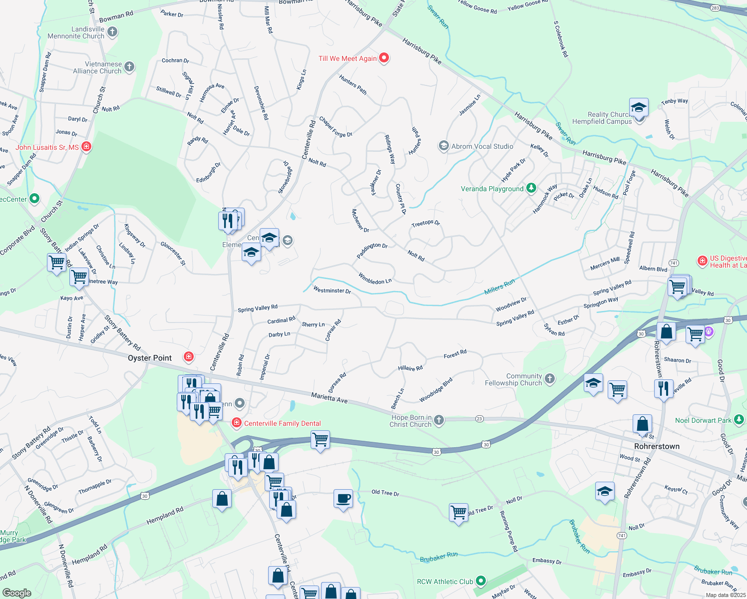 map of restaurants, bars, coffee shops, grocery stores, and more near 2813 Spring Valley Road in Lancaster