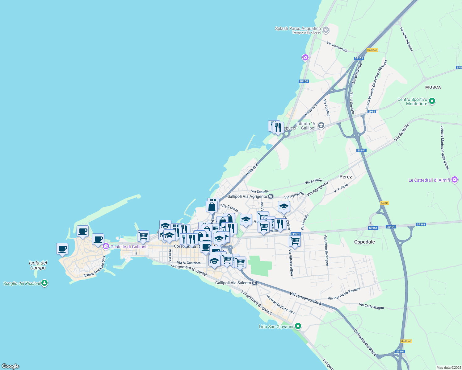 map of restaurants, bars, coffee shops, grocery stores, and more near 23 Via Brescia in Gallipoli