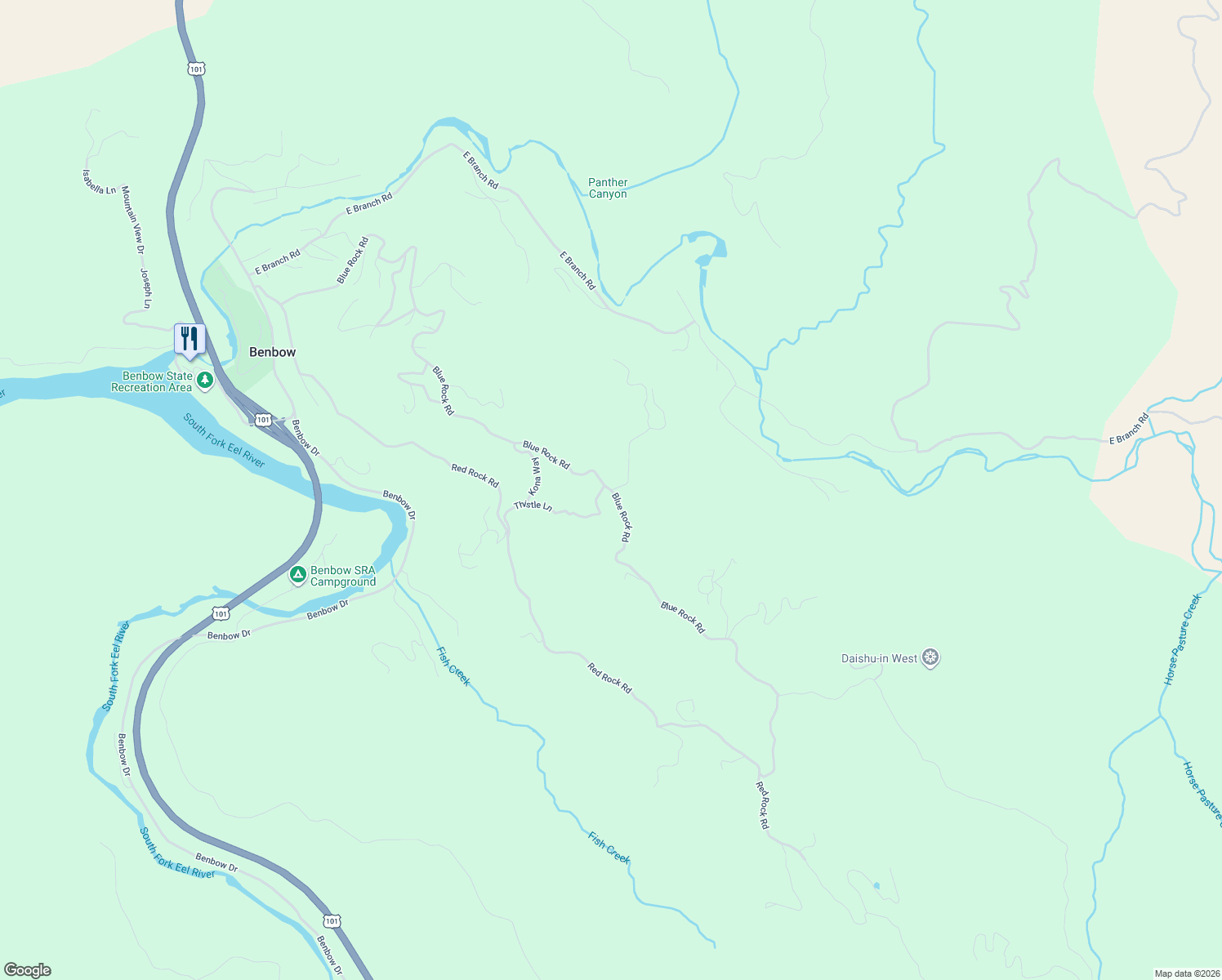 map of restaurants, bars, coffee shops, grocery stores, and more near Blue Rock Road in Garberville