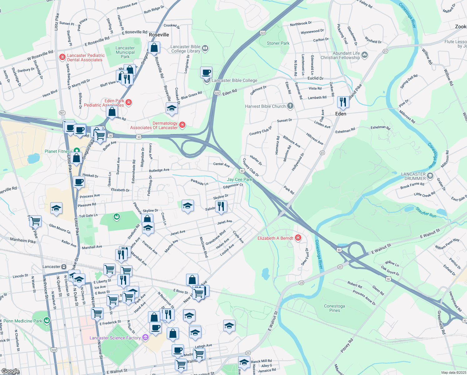 map of restaurants, bars, coffee shops, grocery stores, and more near 1042 Edgemoor Court in Lancaster