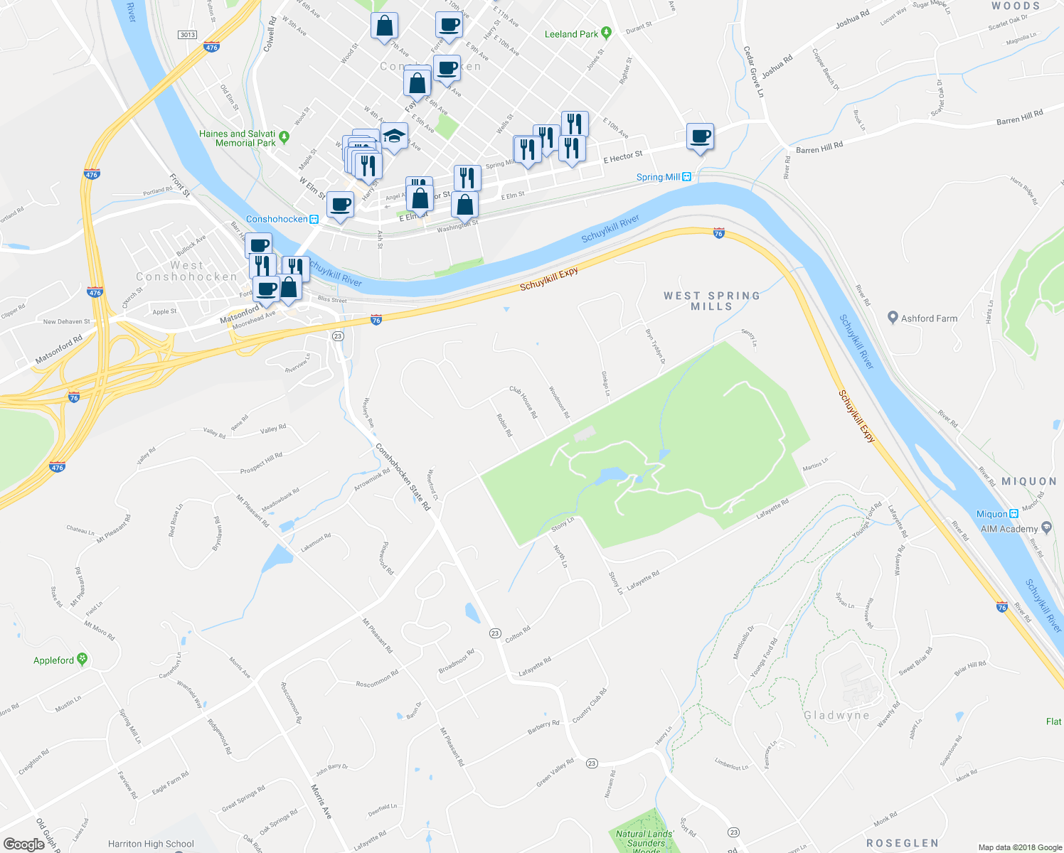map of restaurants, bars, coffee shops, grocery stores, and more near 1106 Club House Road in Gladwyne