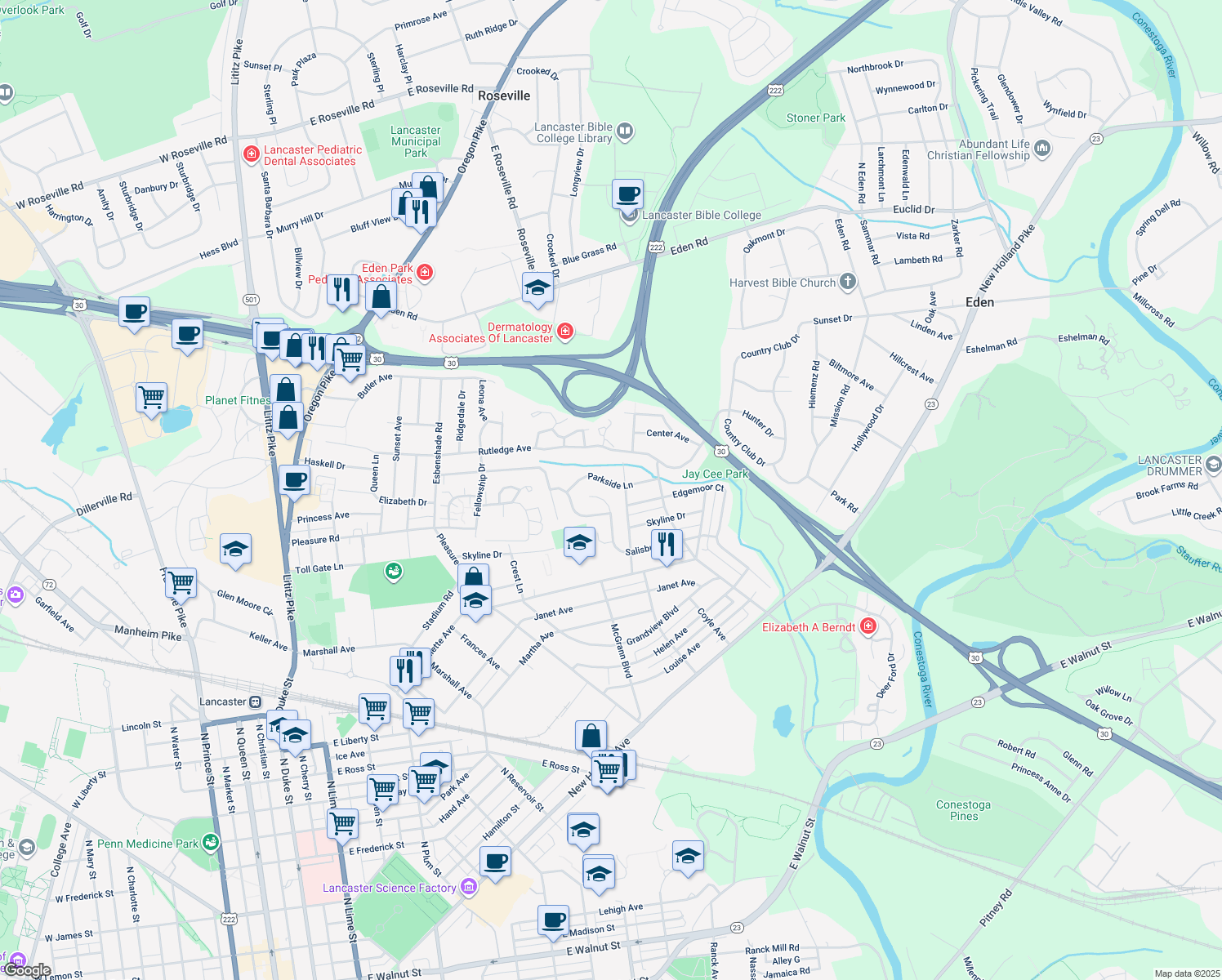 map of restaurants, bars, coffee shops, grocery stores, and more near 890 Parkside Lane in Lancaster