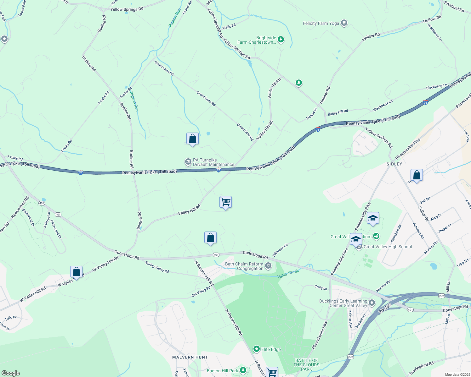 map of restaurants, bars, coffee shops, grocery stores, and more near 2194 Valley Hill Road in Malvern