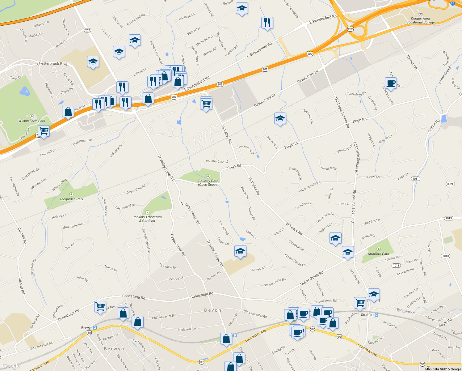 map of restaurants, bars, coffee shops, grocery stores, and more near 217 Radcliffe Road in Wayne