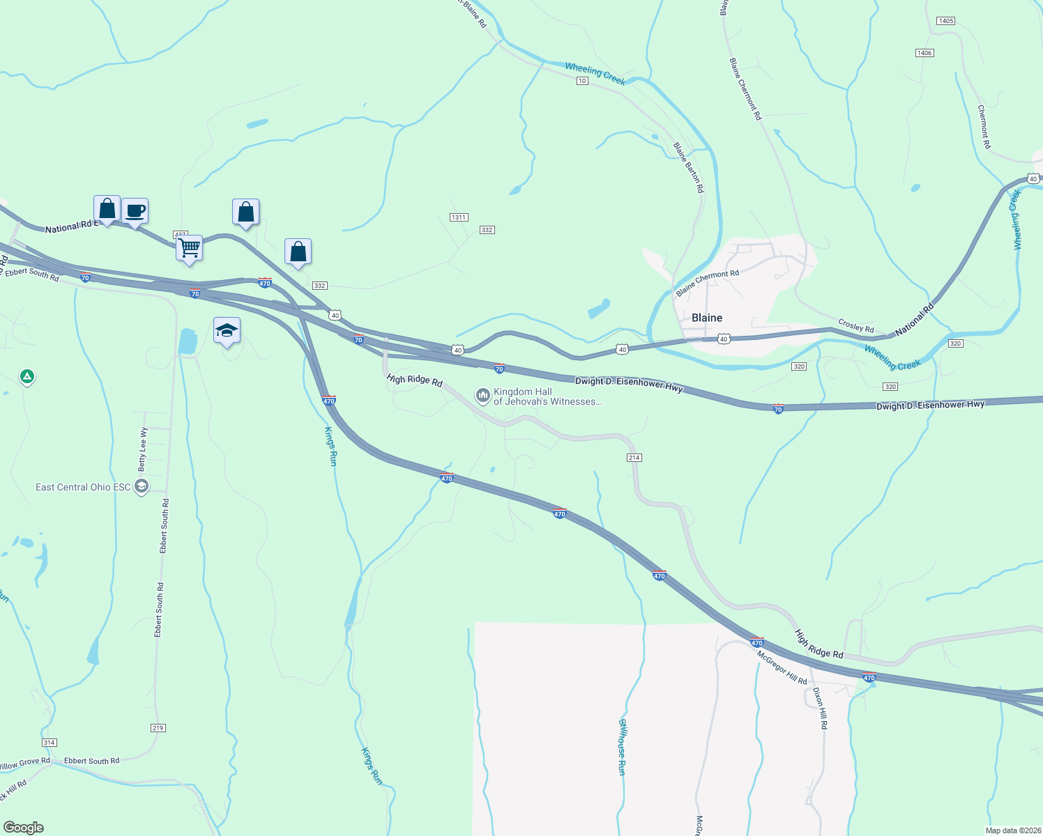 map of restaurants, bars, coffee shops, grocery stores, and more near 53161 Bellaire-High Ridge Road in Bridgeport