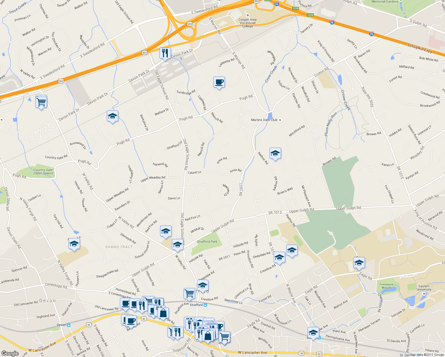 map of restaurants, bars, coffee shops, grocery stores, and more near 634 Knox Road in Wayne