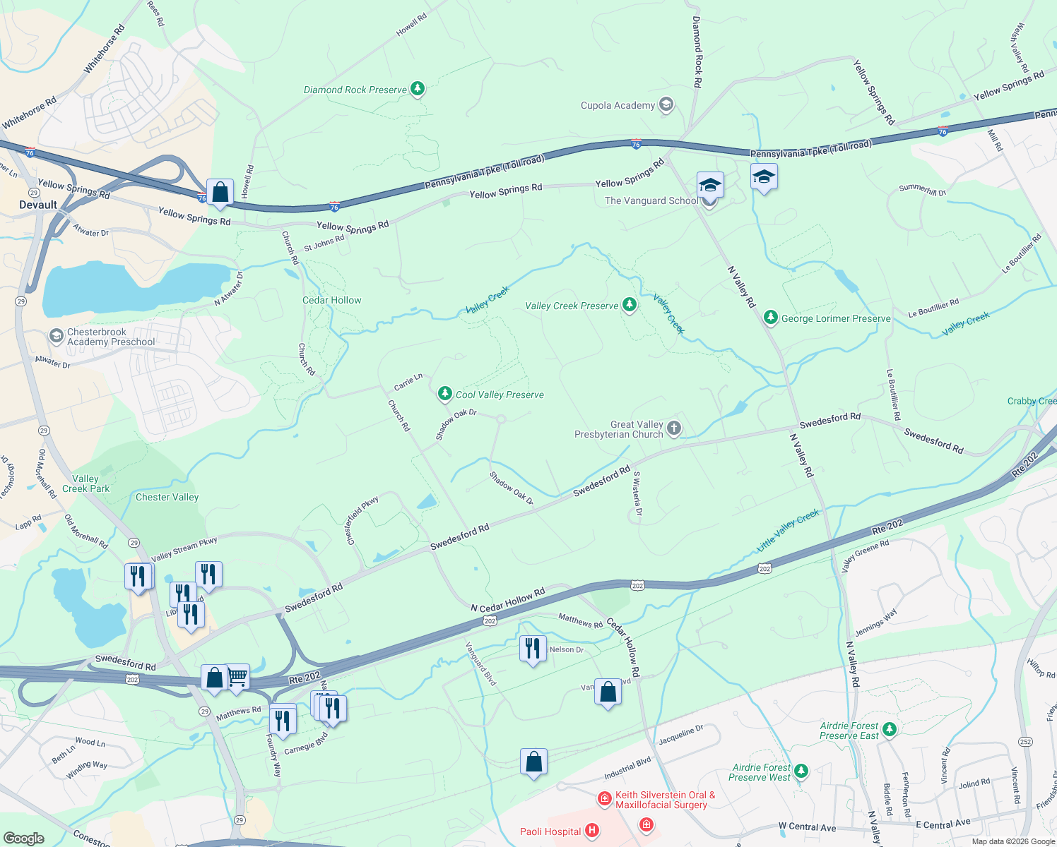 map of restaurants, bars, coffee shops, grocery stores, and more near 10 Windswept Drive in Malvern