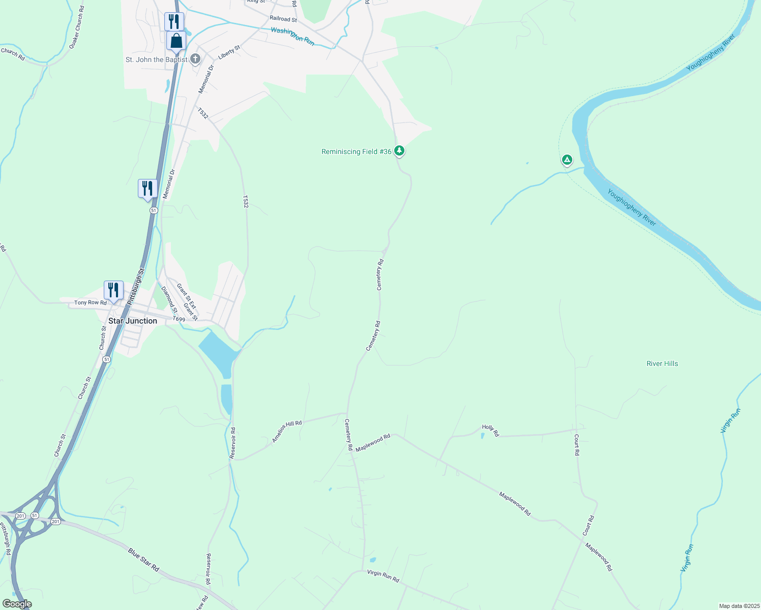 map of restaurants, bars, coffee shops, grocery stores, and more near Cemetery Road in Perryopolis