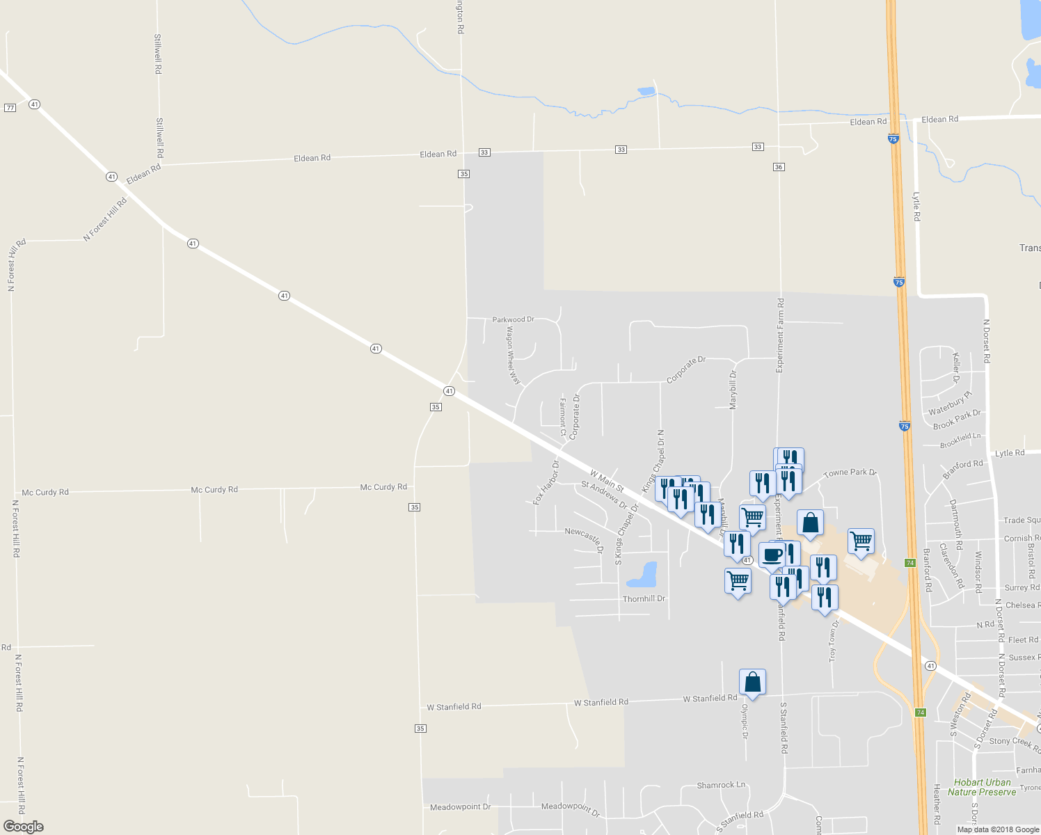 map of restaurants, bars, coffee shops, grocery stores, and more near 25 Carriage Crossing Way in Troy