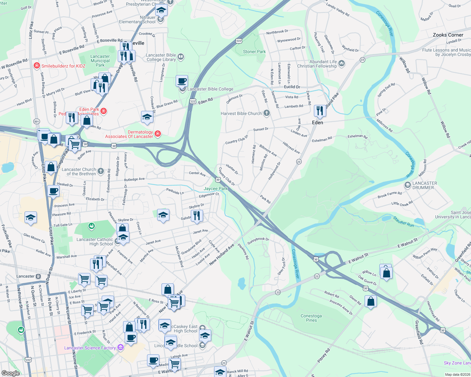 map of restaurants, bars, coffee shops, grocery stores, and more near 1348 Country Club Dr in Lancaster