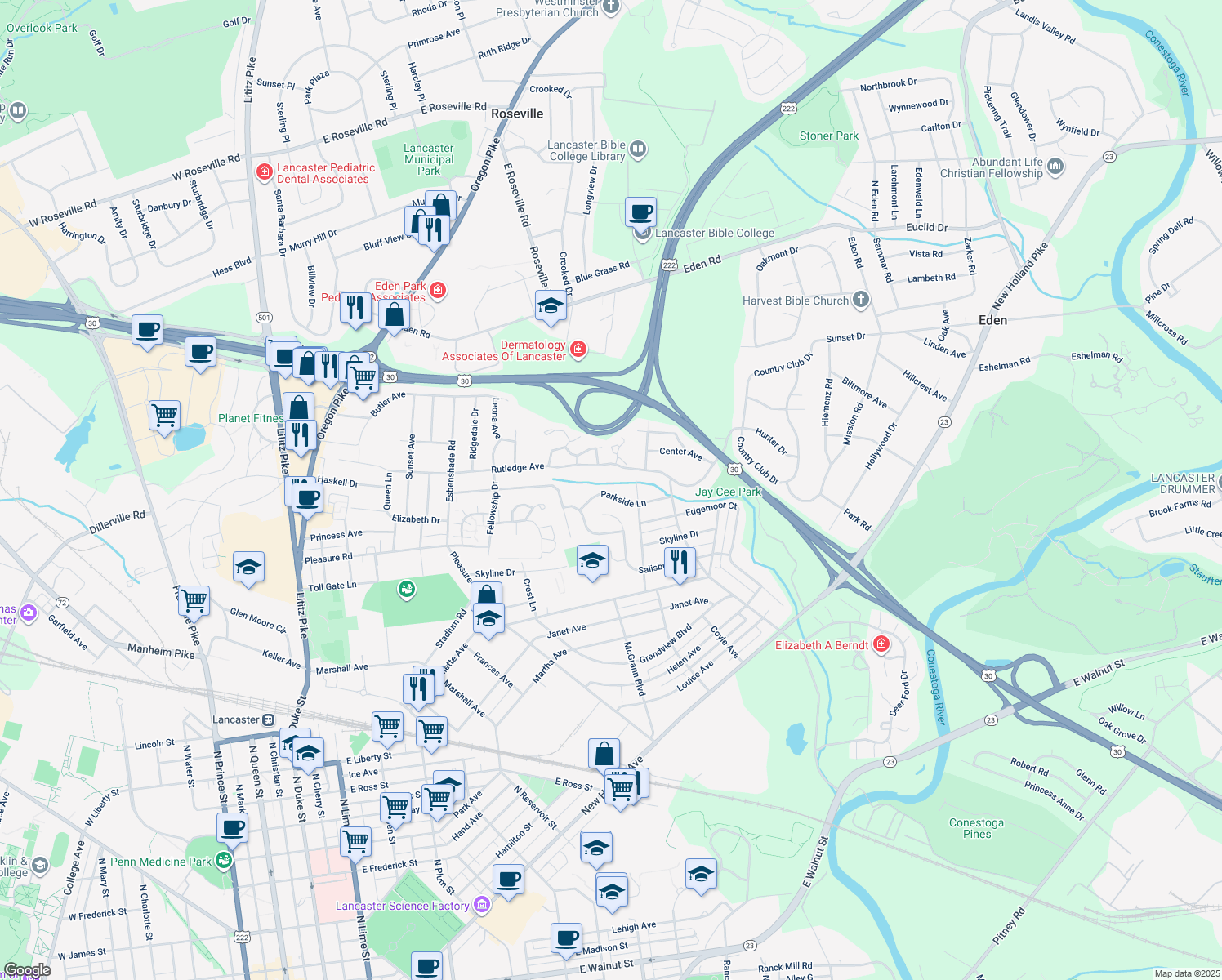 map of restaurants, bars, coffee shops, grocery stores, and more near 875 Parkside Lane in Lancaster