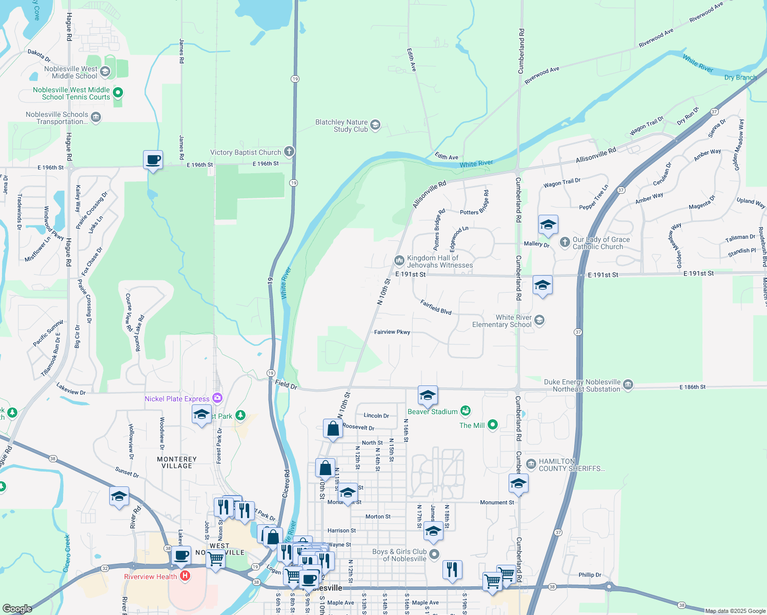 map of restaurants, bars, coffee shops, grocery stores, and more near 1620 North 10th Street in Noblesville