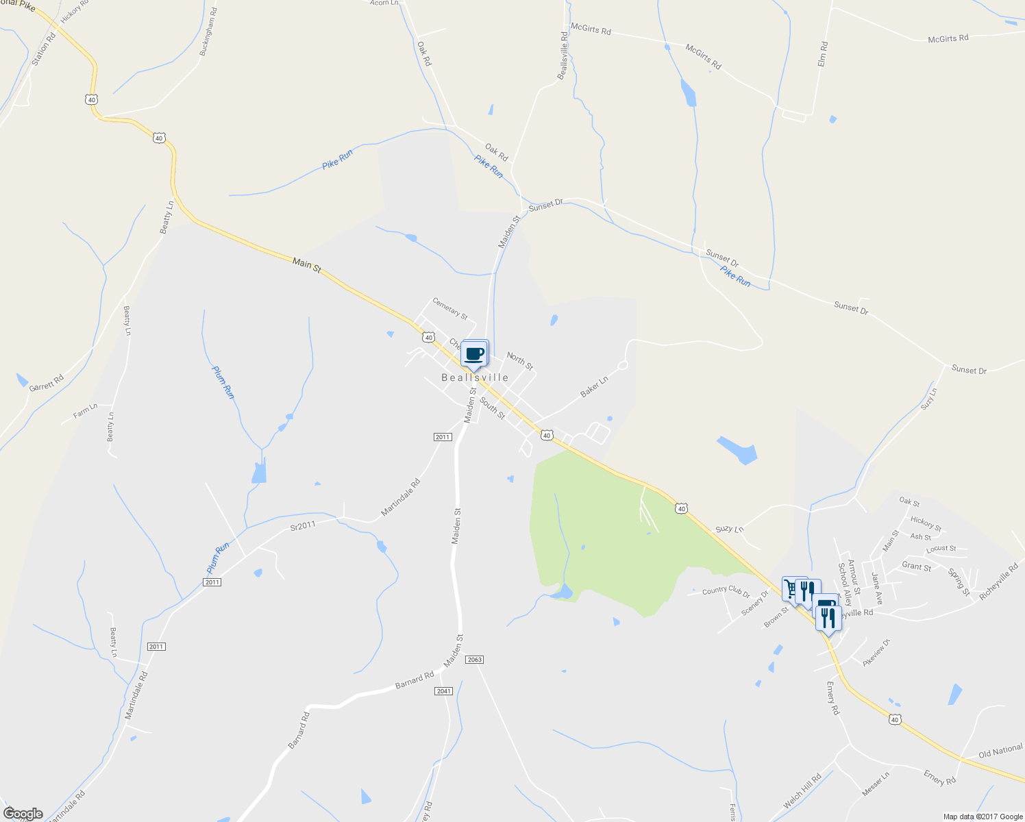 map of restaurants, bars, coffee shops, grocery stores, and more near 2890 Main Street in Beallsville