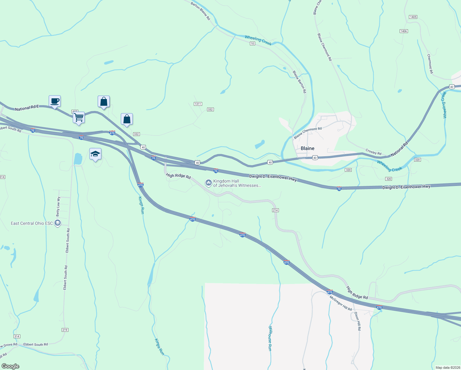 map of restaurants, bars, coffee shops, grocery stores, and more near 53161 Bellaire-High Ridge Road in Bridgeport