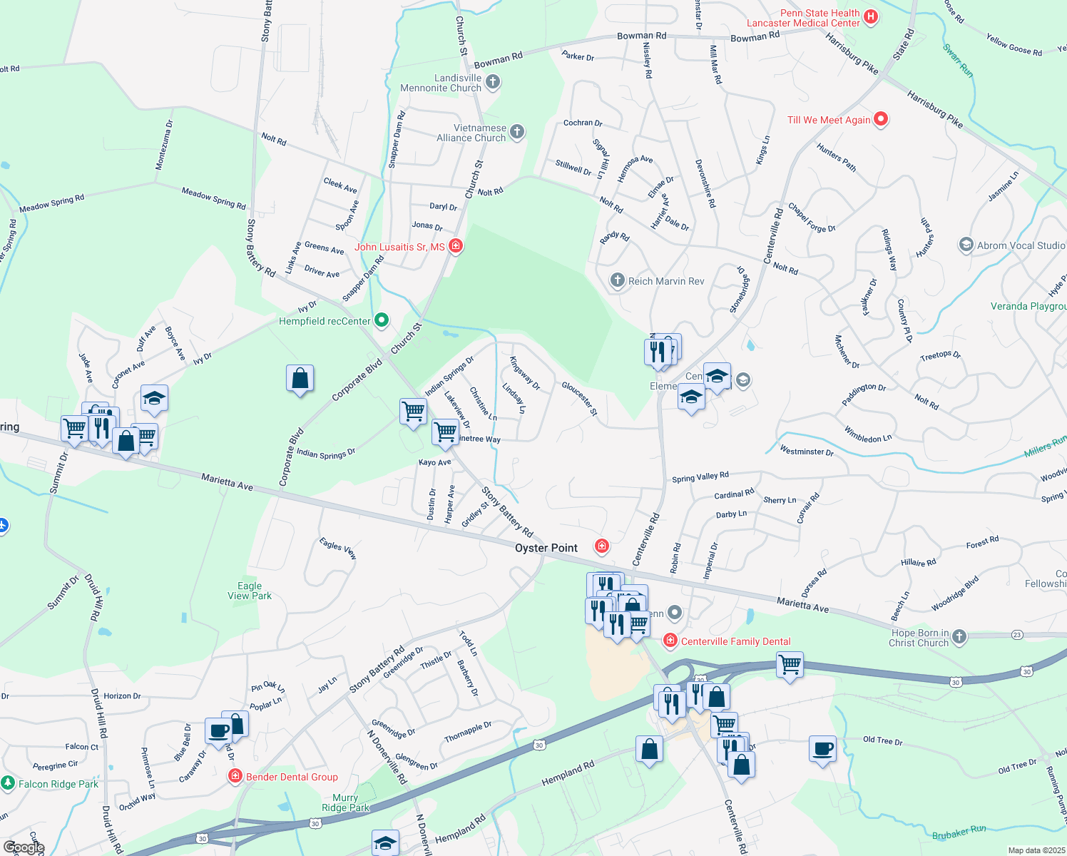 map of restaurants, bars, coffee shops, grocery stores, and more near 942 Pinetree Way in Lancaster