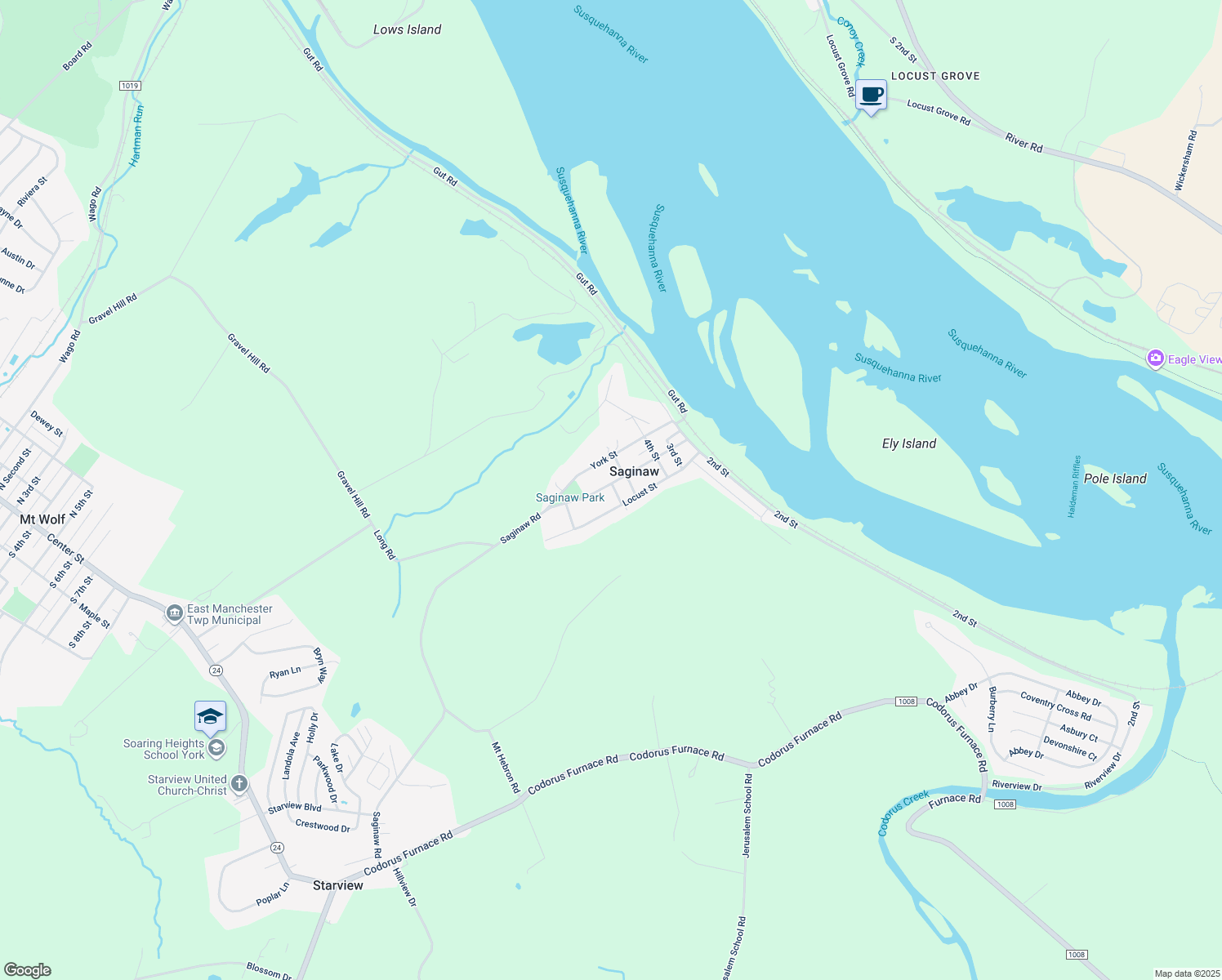 map of restaurants, bars, coffee shops, grocery stores, and more near 765 Market Street in Mount Wolf