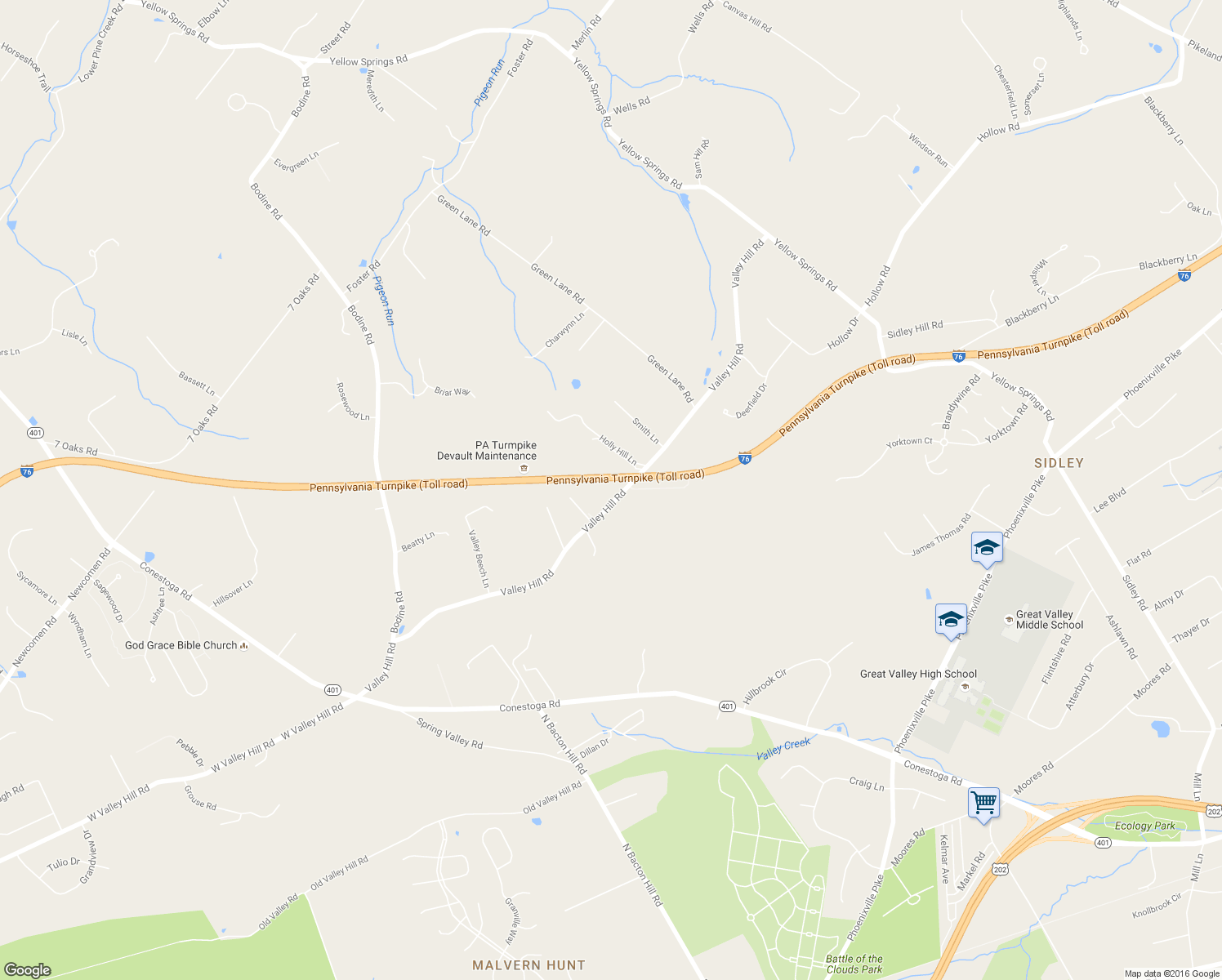 map of restaurants, bars, coffee shops, grocery stores, and more near 2201 Valley Hill Road in Malvern