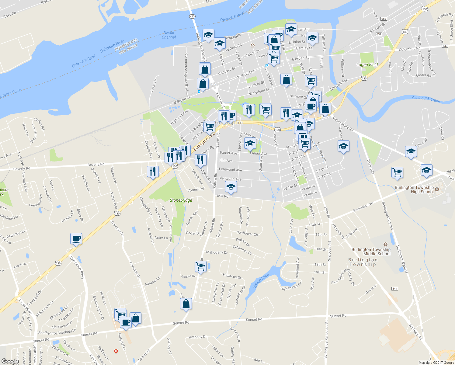 map of restaurants, bars, coffee shops, grocery stores, and more near 310 Glenwood Avenue in Burlington