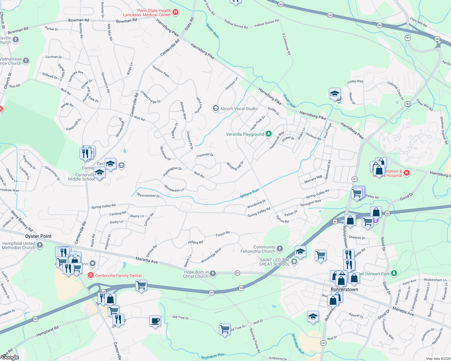 map of restaurants, bars, coffee shops, grocery stores, and more near 2523 Nolt Rd in Lancaster