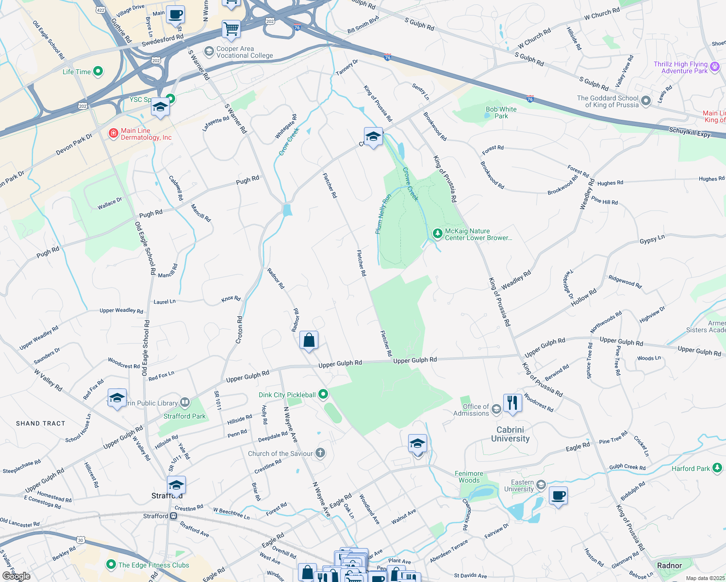 map of restaurants, bars, coffee shops, grocery stores, and more near 645 Fletcher Road in Wayne