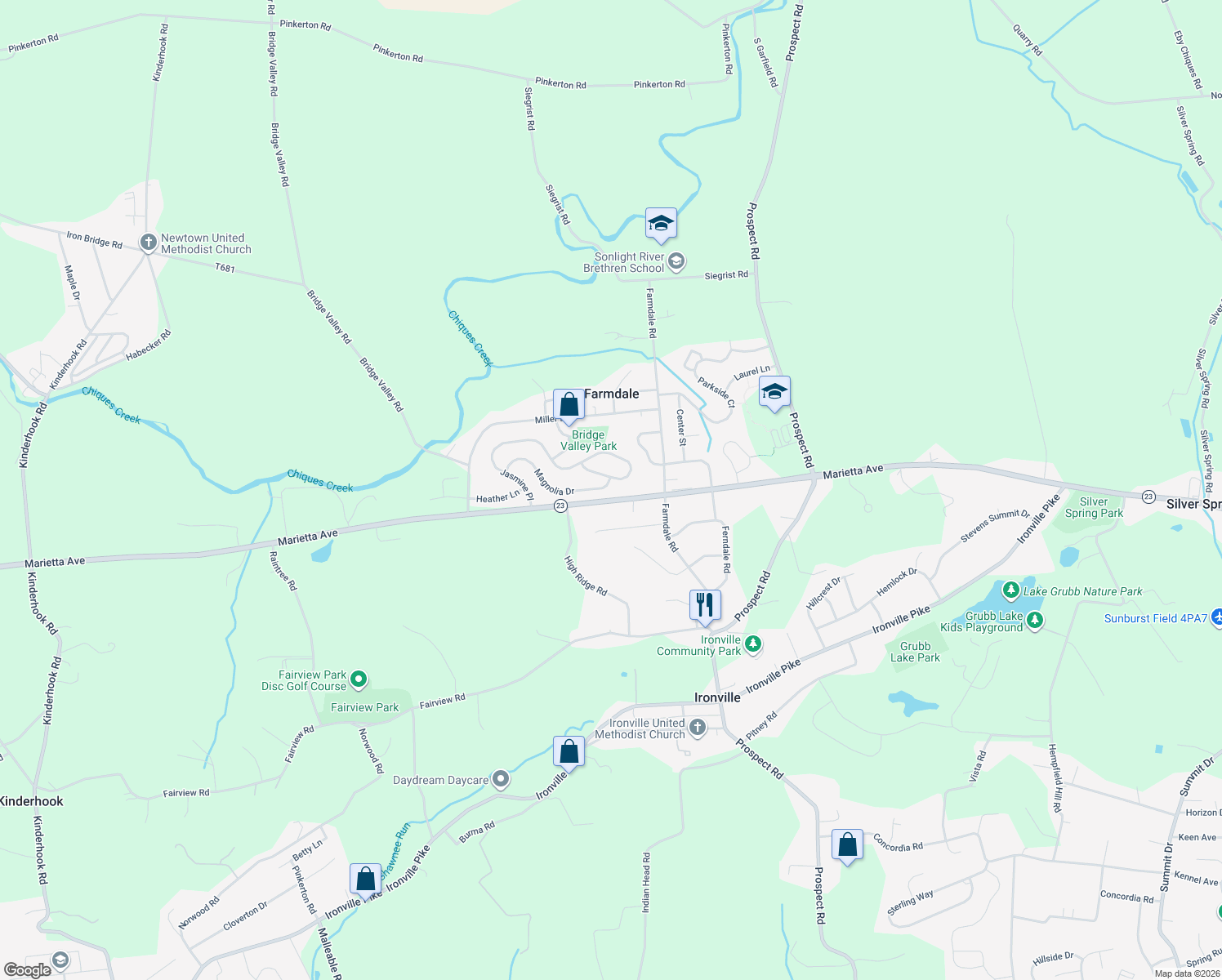 map of restaurants, bars, coffee shops, grocery stores, and more near 4134 Magnolia Drive in Mount Joy