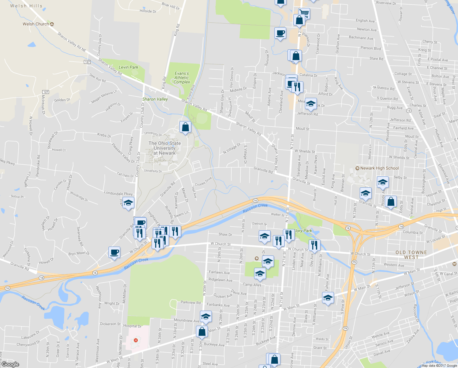map of restaurants, bars, coffee shops, grocery stores, and more near 55 Maplewood Road in Newark