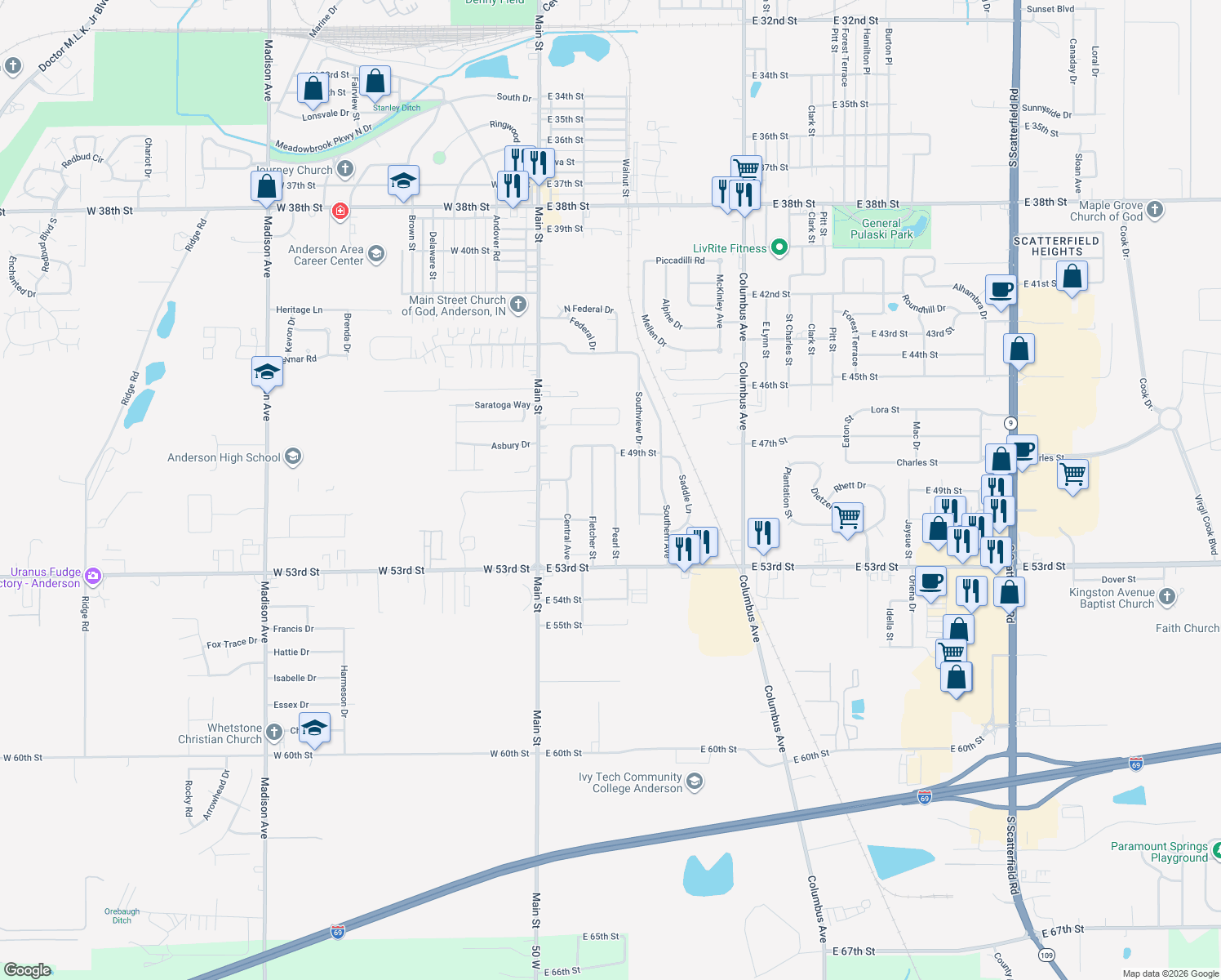 map of restaurants, bars, coffee shops, grocery stores, and more near 5019 Pearl Street in Anderson
