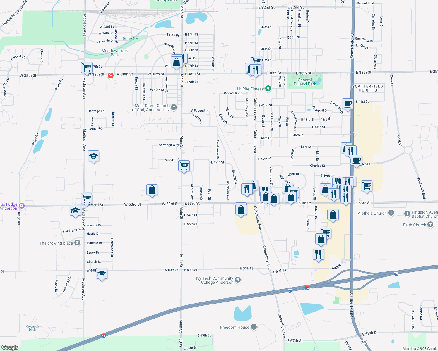 map of restaurants, bars, coffee shops, grocery stores, and more near 4922 Southview Dr in Anderson