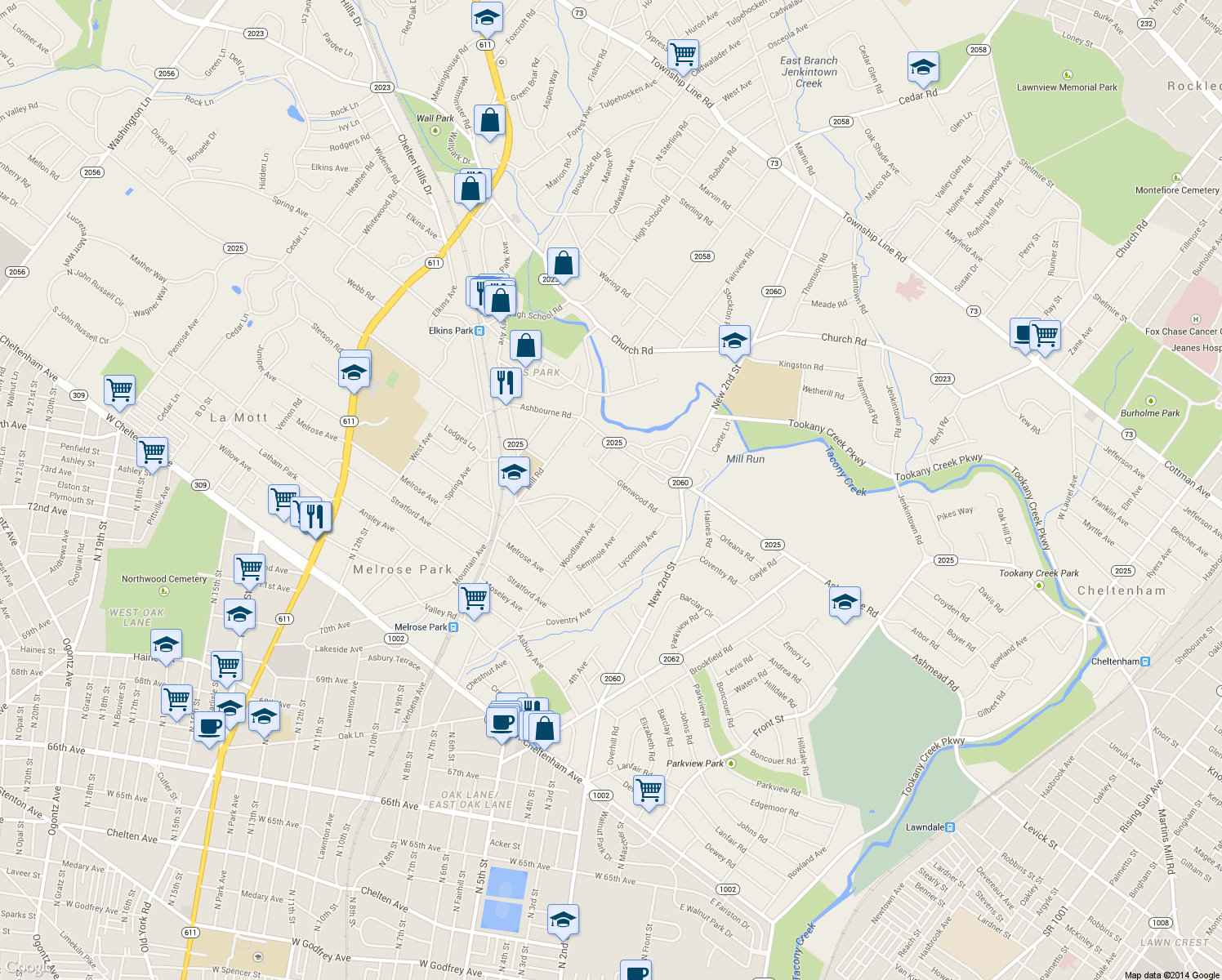 map of restaurants, bars, coffee shops, grocery stores, and more near 7720 Woodlawn Avenue in Melrose Park