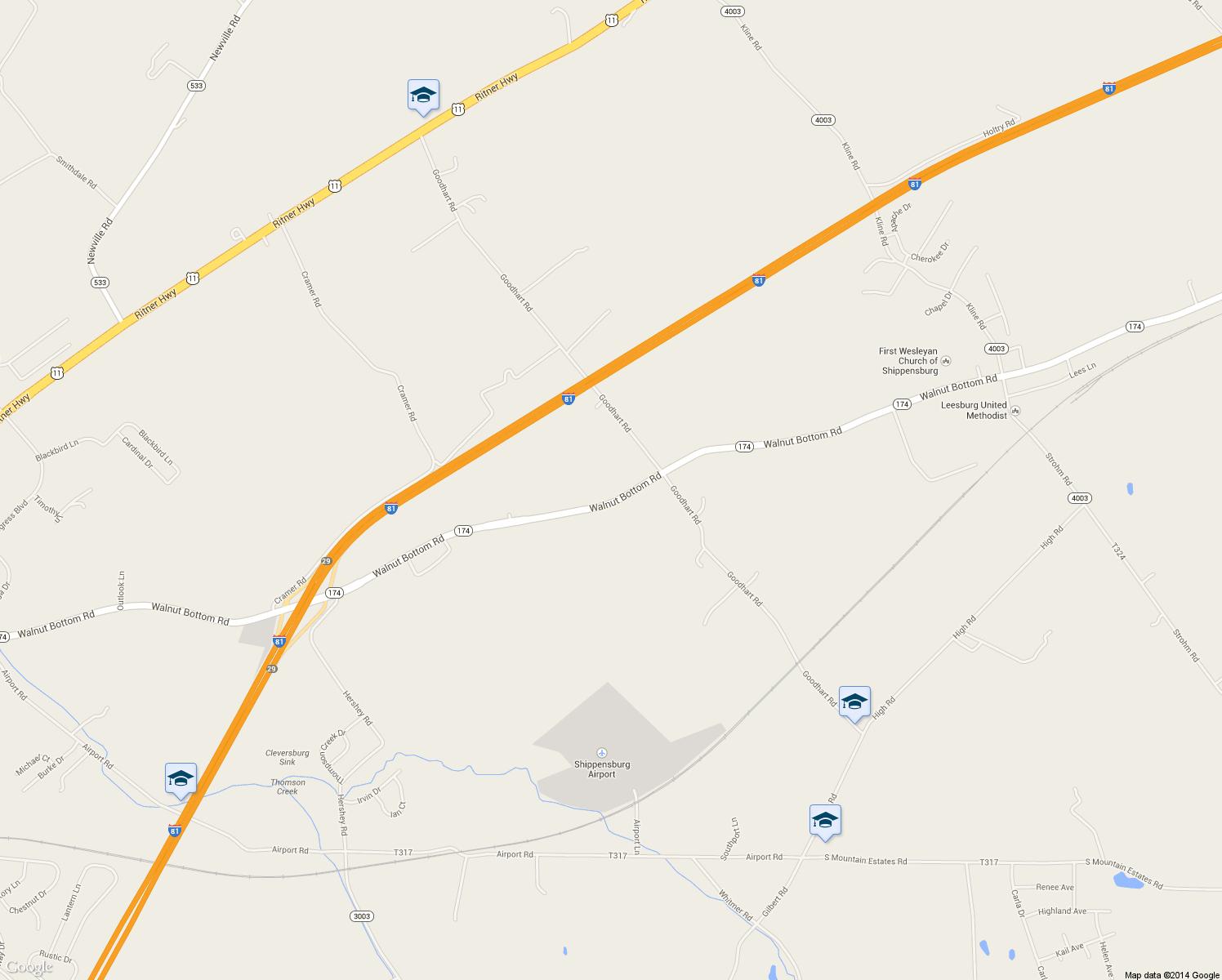 map of restaurants, bars, coffee shops, grocery stores, and more near 321 Walnut Bottom Rd in Shippensburg
