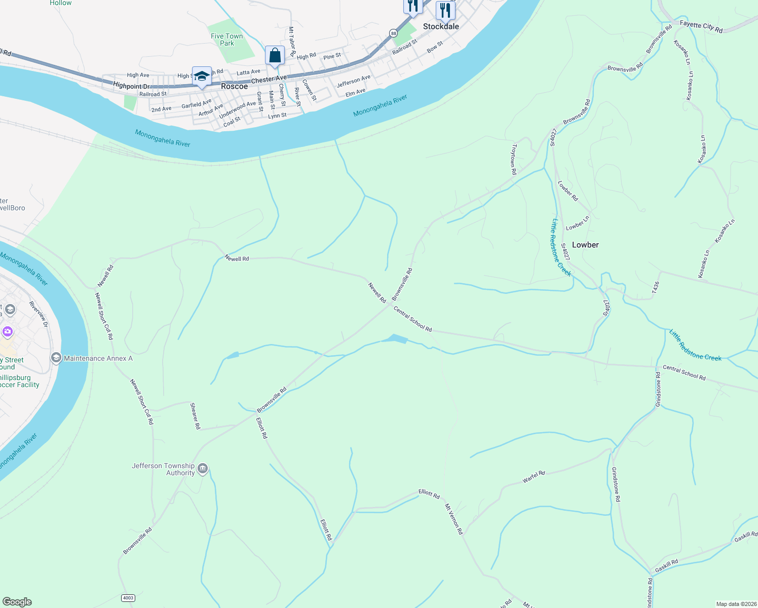 map of restaurants, bars, coffee shops, grocery stores, and more near 102 Newell Road in Fayette City