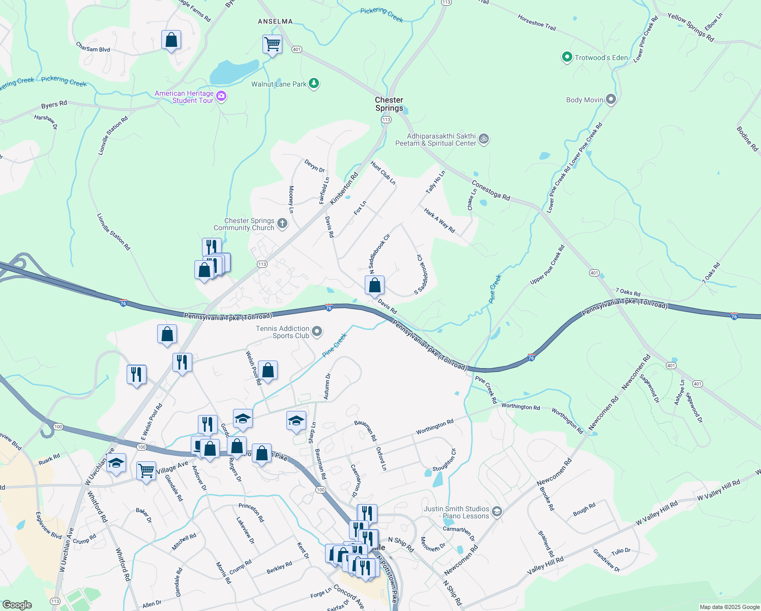 map of restaurants, bars, coffee shops, grocery stores, and more near 404 Holly Tree Court in Chester Springs